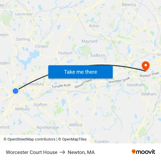Worcester Court House to Newton, MA map