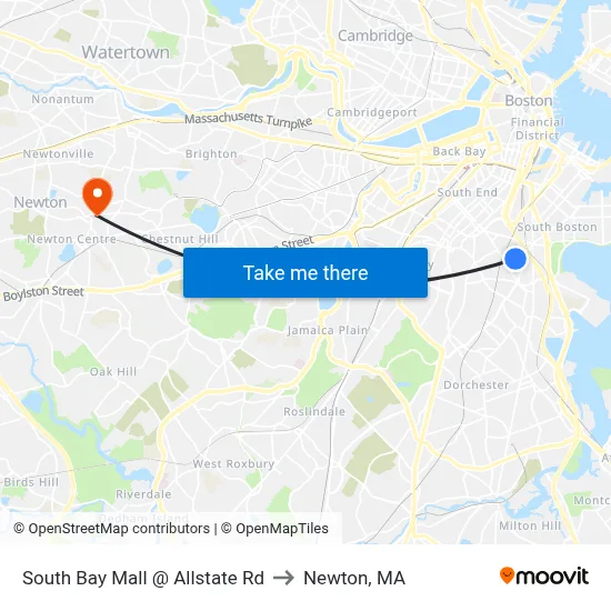 South Bay Mall @ Allstate Rd to Newton, MA map