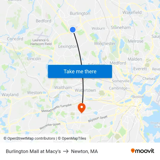 Burlington Mall at Macy's to Newton, MA map