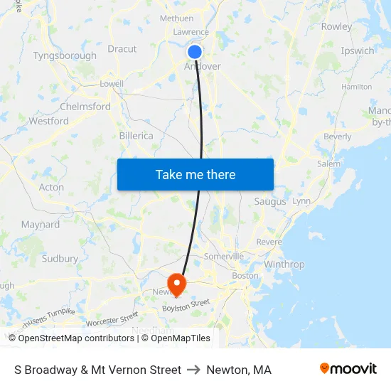 S Broadway & Mt Vernon Street to Newton, MA map