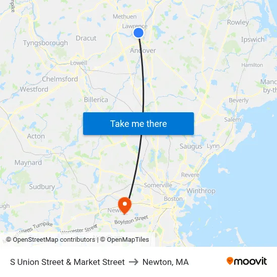 S Union Street & Market Street to Newton, MA map