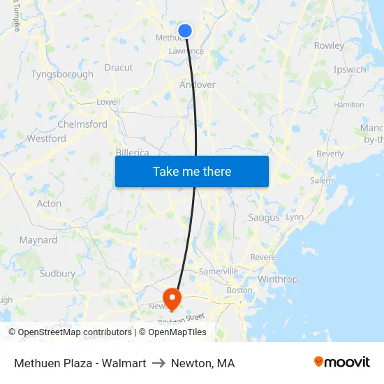 Methuen Plaza - Walmart to Newton, MA map