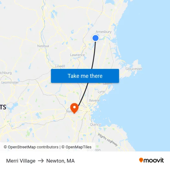 Merri Village to Newton, MA map