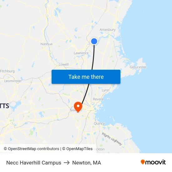 Necc Haverhill Campus to Newton, MA map