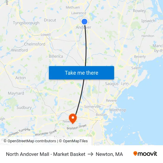 North Andover Mall - Market Basket to Newton, MA map