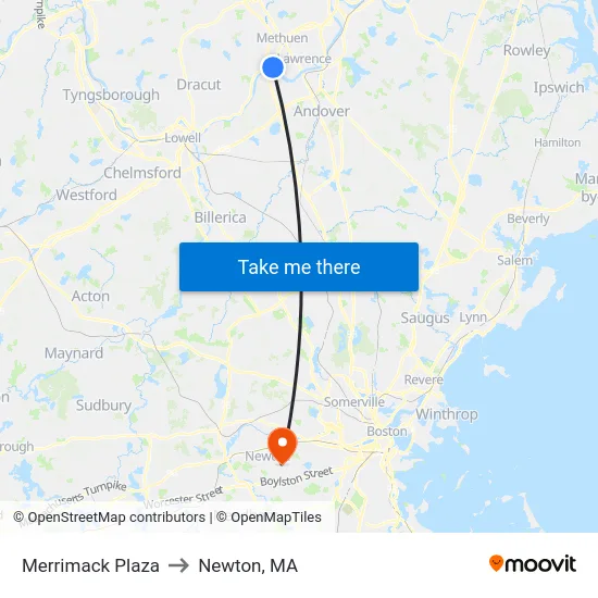 Merrimack Plaza to Newton, MA map