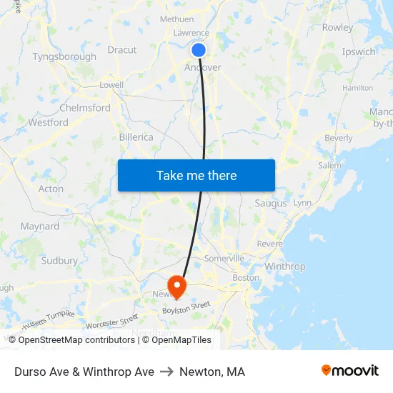 Durso Ave & Winthrop Ave to Newton, MA map