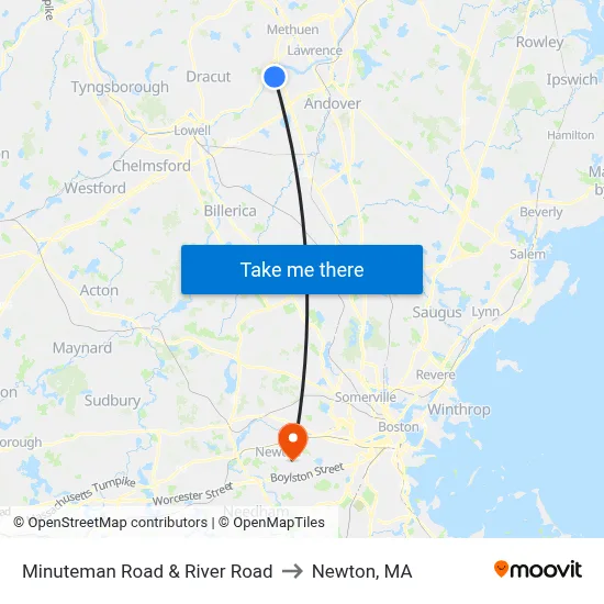 Minuteman Road & River Road to Newton, MA map
