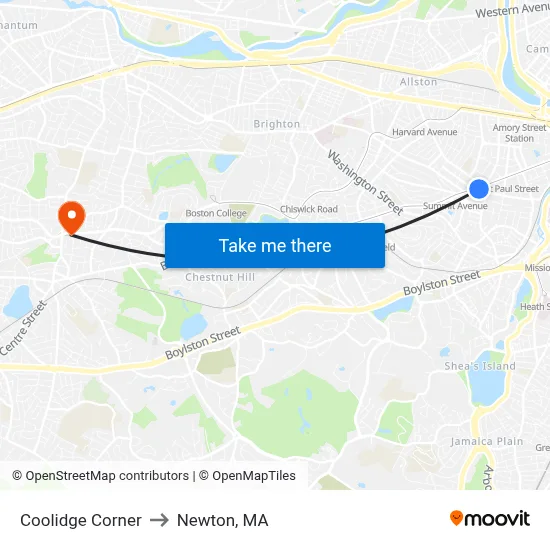 Coolidge Corner to Newton, MA map