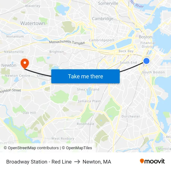 Broadway Station - Red Line to Newton, MA map