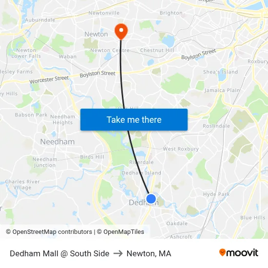 Dedham Mall @ South Side to Newton, MA map