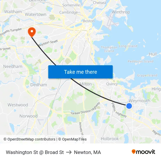 Washington St @ Broad St to Newton, MA map