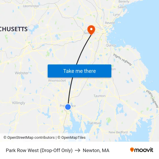 Park Row West (Drop-Off Only) to Newton, MA map