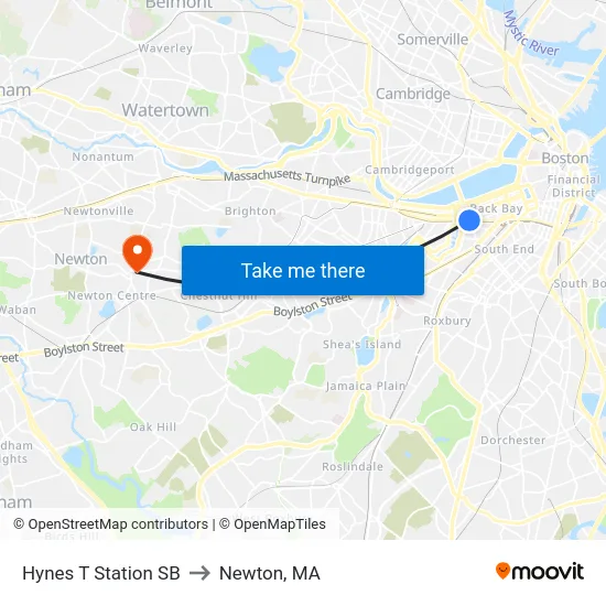Hynes T Station SB to Newton, MA map