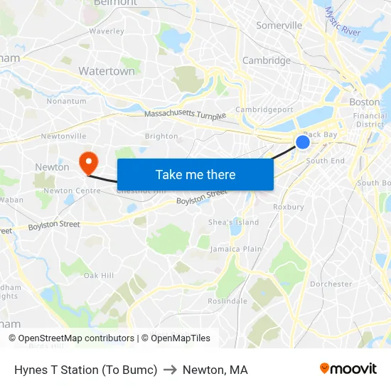 Hynes T Station (To Bumc) to Newton, MA map
