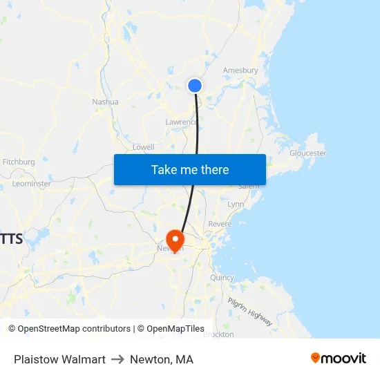 Plaistow Walmart to Newton, MA map