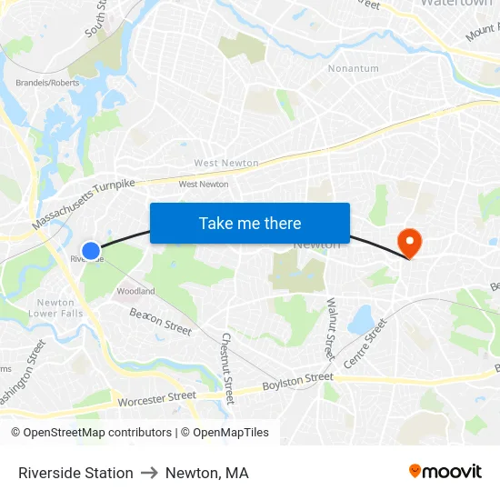 Riverside Station to Newton, MA map