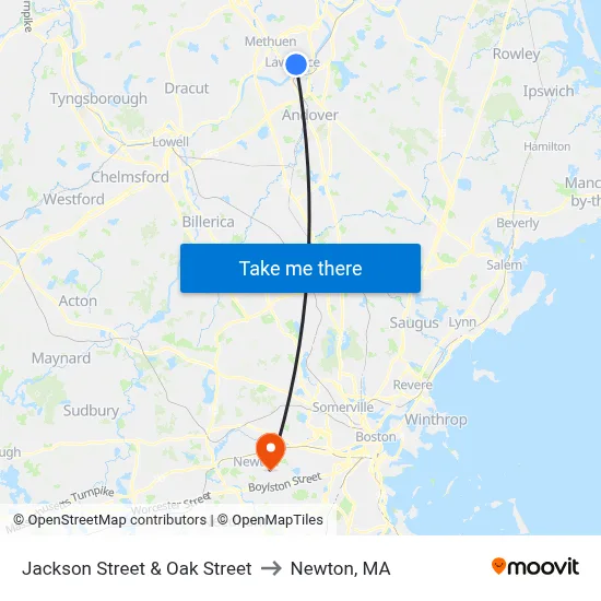 Jackson Street & Oak Street to Newton, MA map