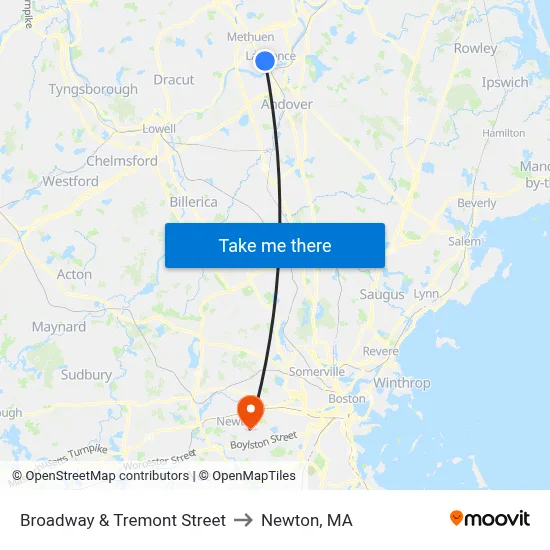 Broadway & Tremont Street to Newton, MA map