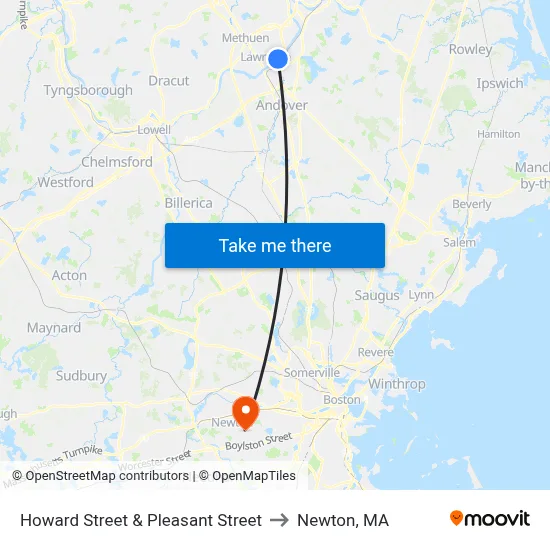 Howard Street & Pleasant Street to Newton, MA map
