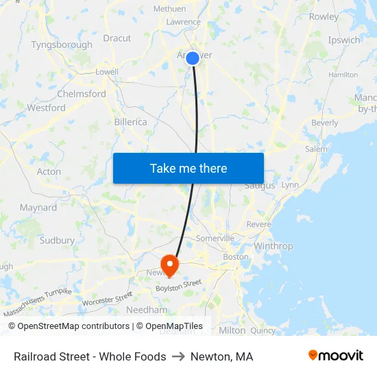Railroad Street - Whole Foods to Newton, MA map