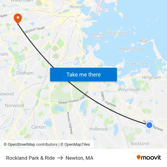 Rockland Park & Ride to Newton, MA map