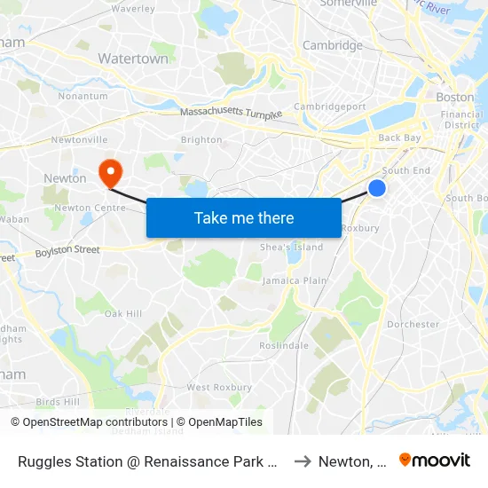 Ruggles Station @ Renaissance Park Garage to Newton, MA map