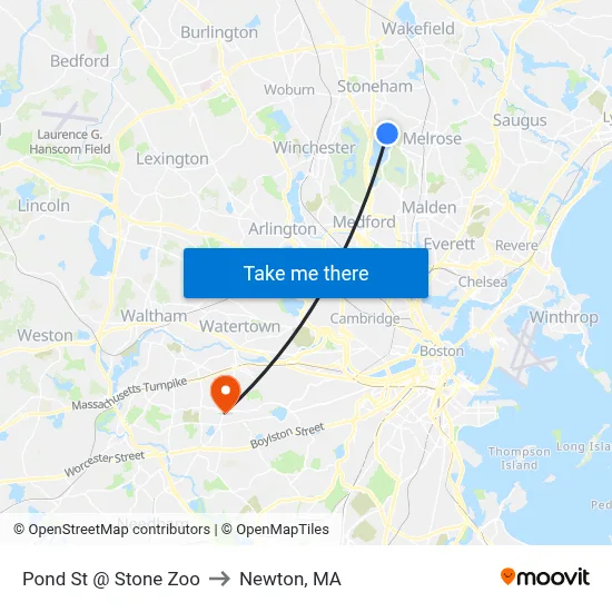 Pond St @ Stone Zoo to Newton, MA map