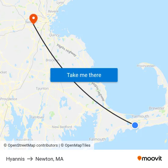 Hyannis to Newton, MA map