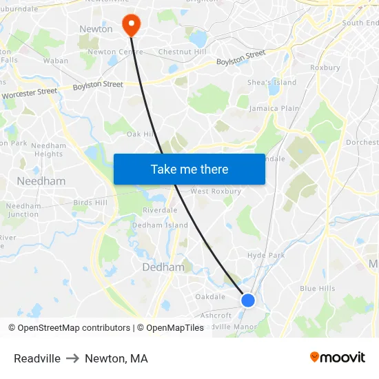 Readville to Newton, MA map