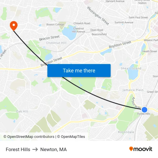 Forest Hills to Newton, MA map