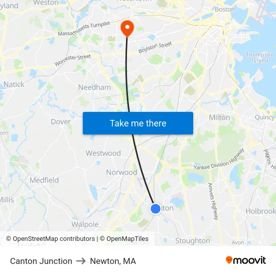 Canton Junction to Newton, MA map