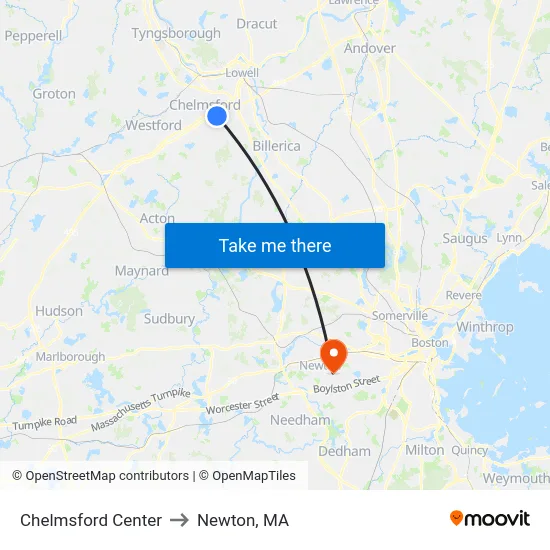 Chelmsford Center to Newton, MA map