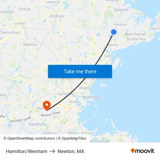 Hamilton/Wenham to Newton, MA map
