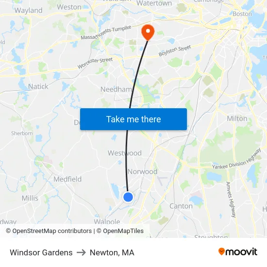 Windsor Gardens to Newton, MA map