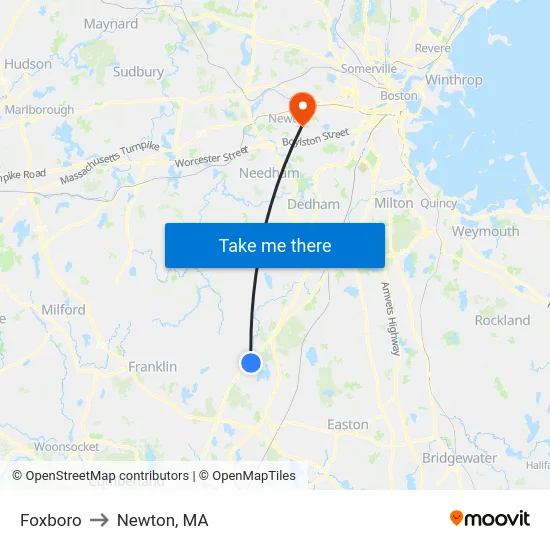 Foxboro to Newton, MA map