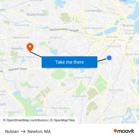 Nubian to Newton, MA map