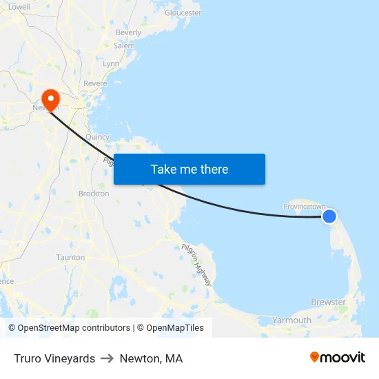 Truro Vineyards to Newton, MA map