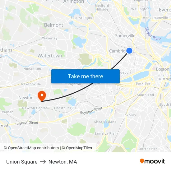 Union Square to Newton, MA map