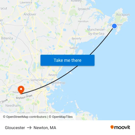 Gloucester to Newton, MA map