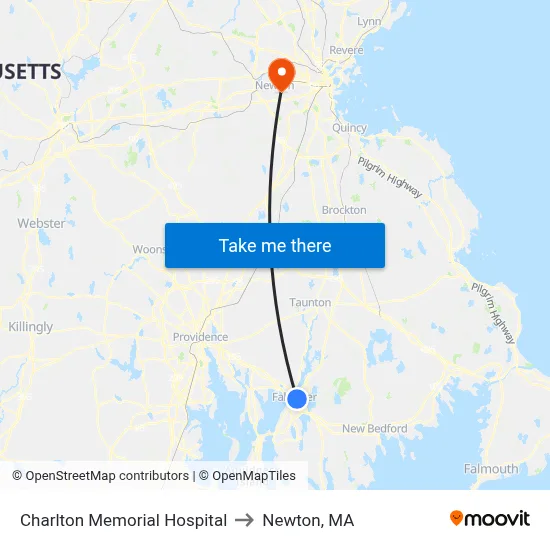 Charlton Memorial Hospital to Newton, MA map