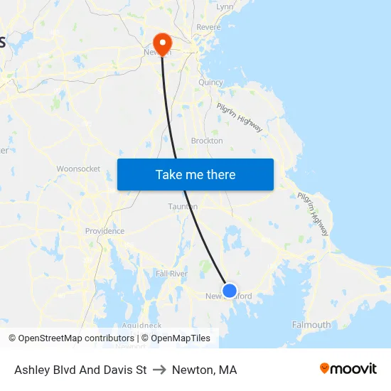 Ashley Blvd And Davis St to Newton, MA map