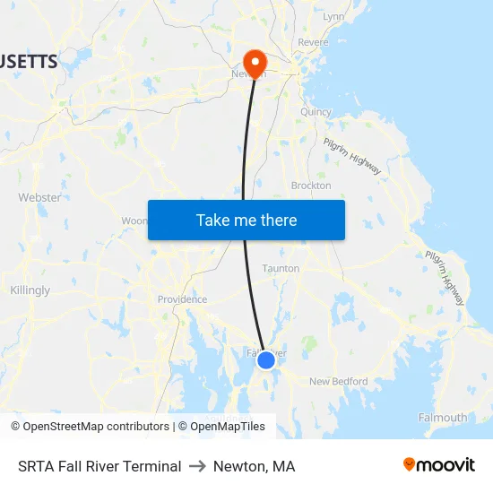 SRTA Fall River Terminal to Newton, MA map