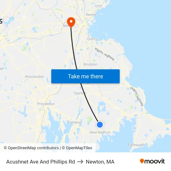 Acushnet Ave And Phillips Rd to Newton, MA map