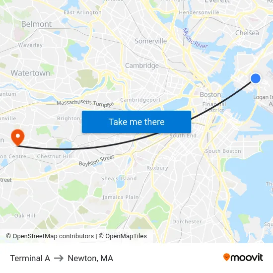 Terminal A to Newton, MA map
