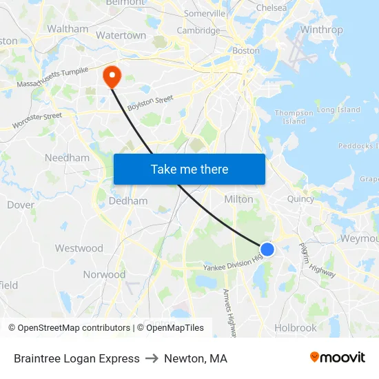Braintree Logan Express to Newton, MA map