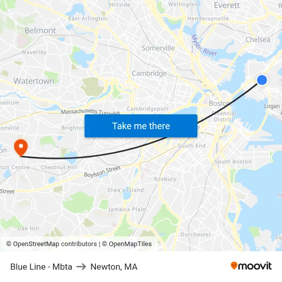 Blue Line - Mbta to Newton, MA map