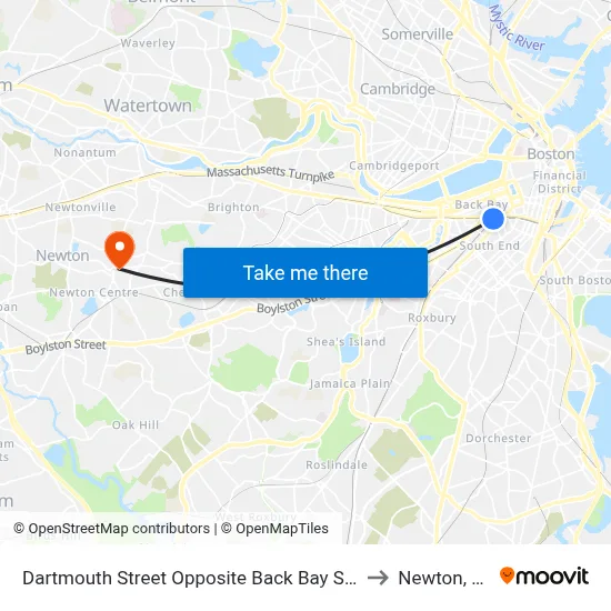 Dartmouth Street Opposite Back Bay Station to Newton, MA map