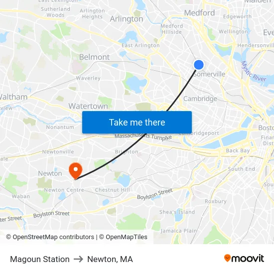 Magoun Station to Newton, MA map