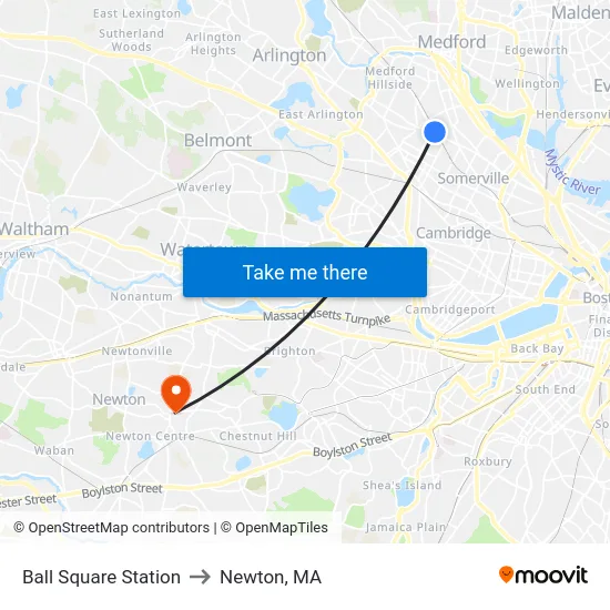 Ball Square Station to Newton, MA map